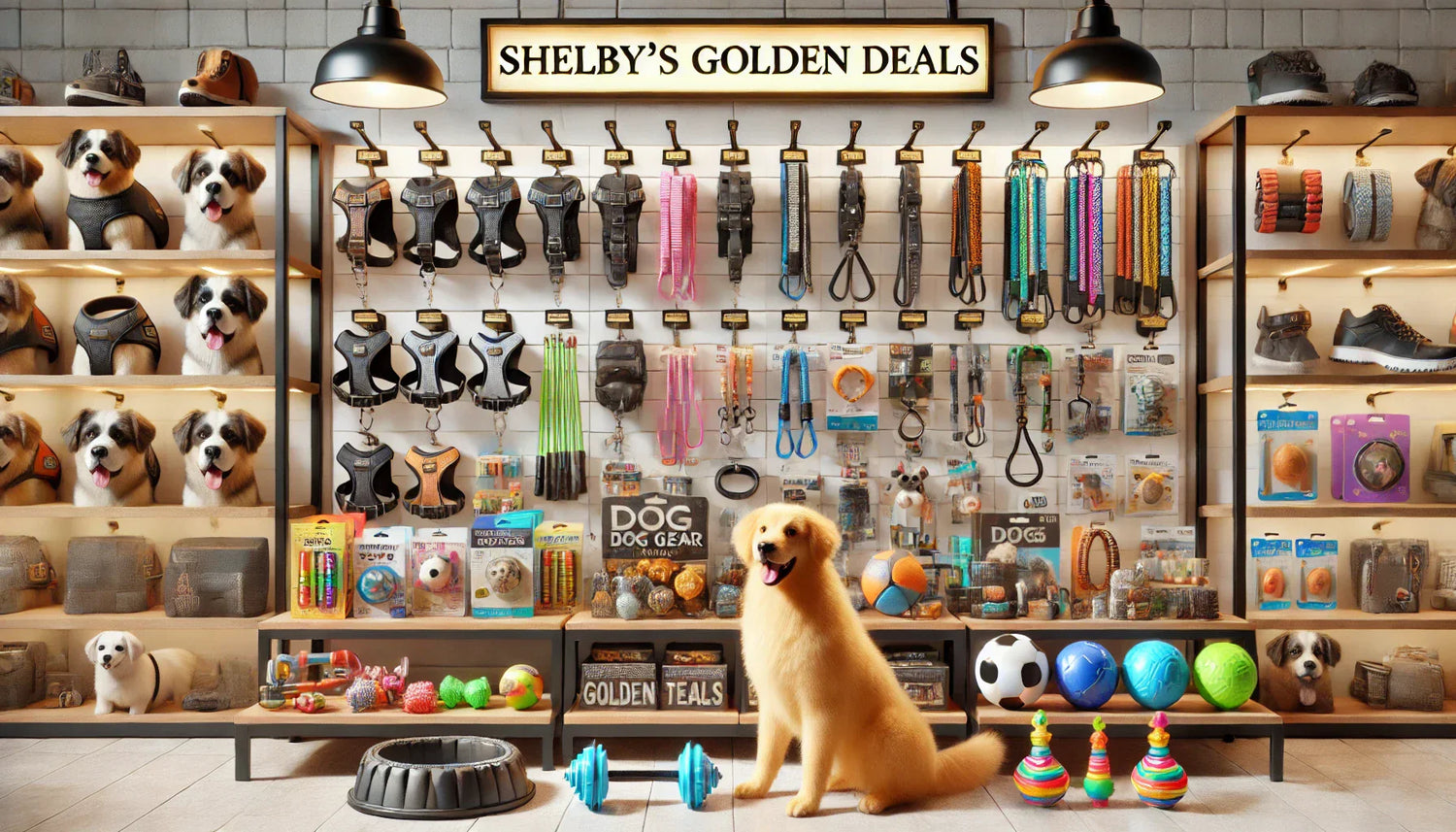 Ρεαλιστική βιτρίνα του Shelby’s Golden Deals με σαμαράκια, λουριά, κολάρα, παιχνίδια και αξεσουάρ σκύλων. Μεγάλη ποικιλία προϊόντων για όλους τους σκύλους.